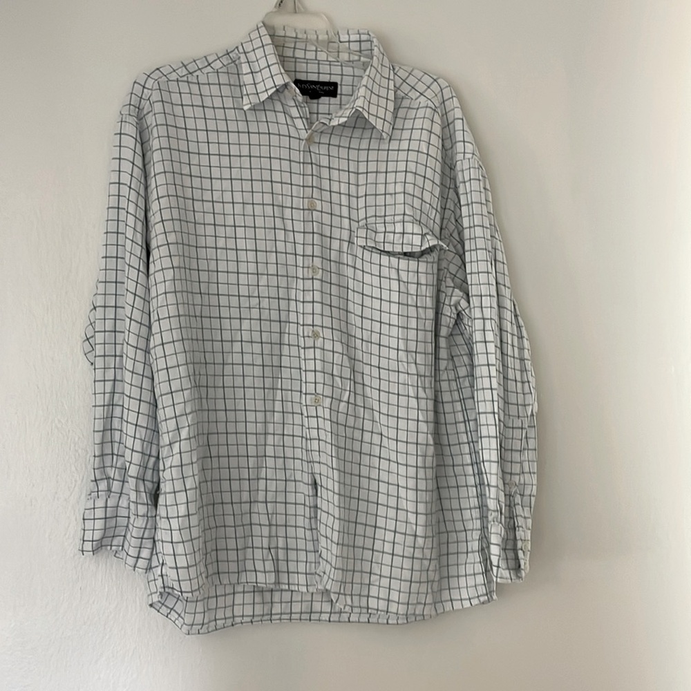Yves Saint Laurent Men’s Casual Check Button Down Shirt Size Medium Green, White